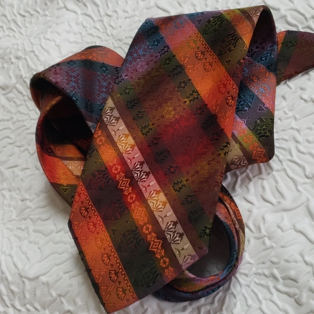 Wembley warm orange strip & print design tie, green blue gold, casual, Y2K